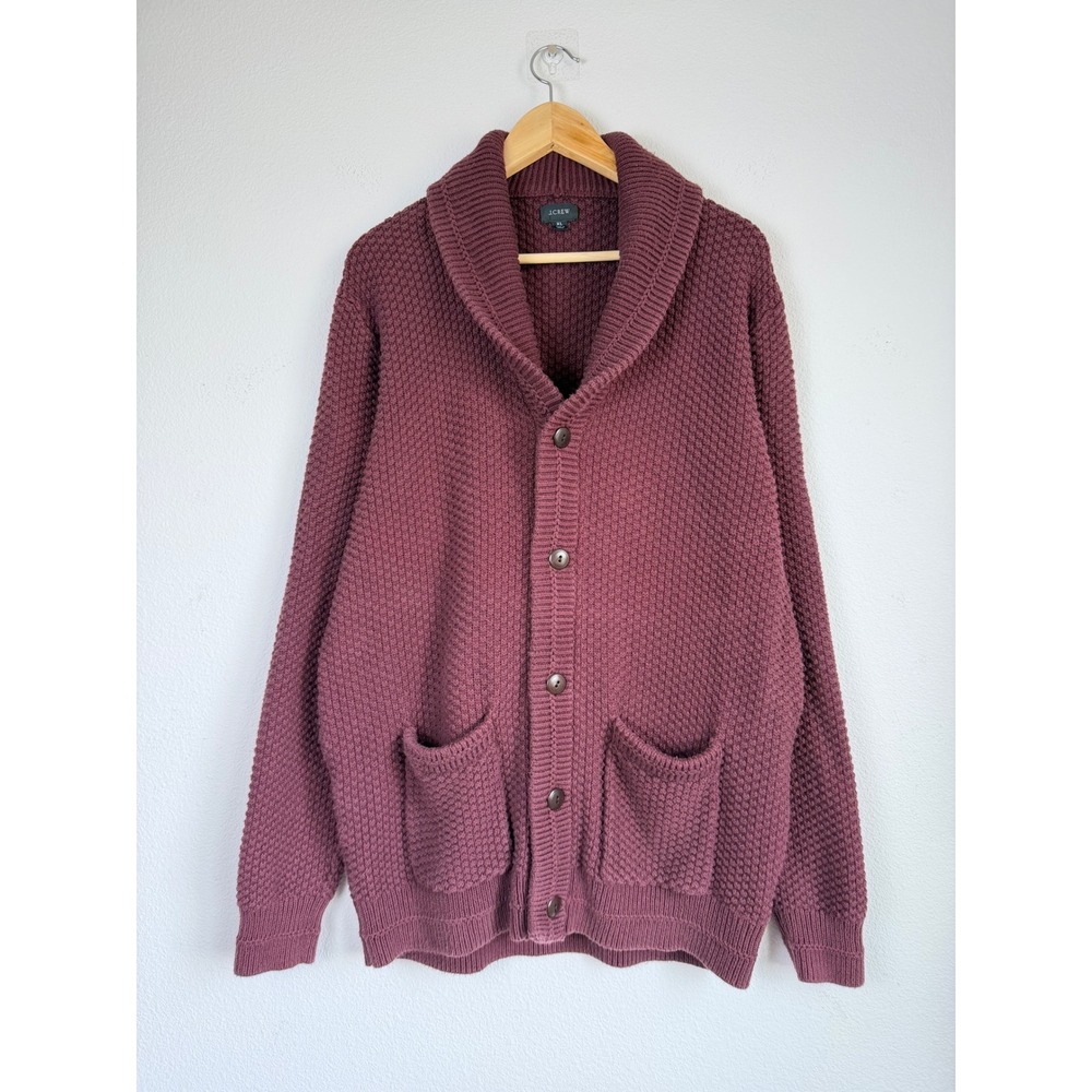 J.Crew Mens Cotton Cardigan Checker-Stitch Shawl Sweater XL Burgundy Knit Pocket